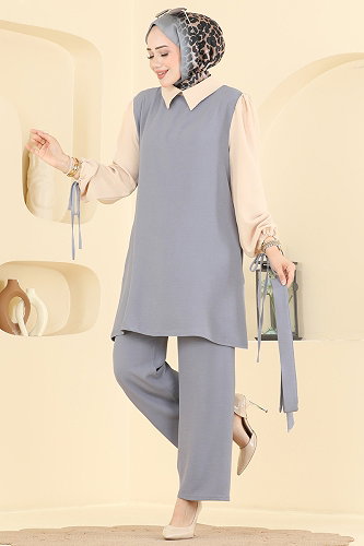 moda selvim Kolu Bağlamalı 2 li Takım 9237PLK541 Gri - Thumbnail