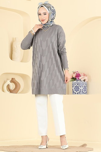 moda selvim Kolu Düğme Detaylı Tunik 3293NVX1208 Gri - Thumbnail