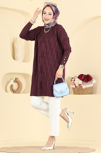 moda selvim Kolu Düğme Detaylı Tunik 3293NVX1208 Mürdüm - Thumbnail