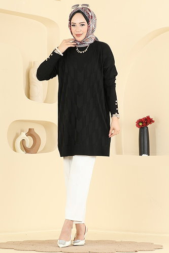 moda selvim Kolu Düğme Detaylı Tunik 3293NVX1208 Siyah - Thumbnail