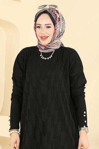 moda selvim Kolu Düğme Detaylı Tunik 3293NVX1208 Siyah - Thumbnail