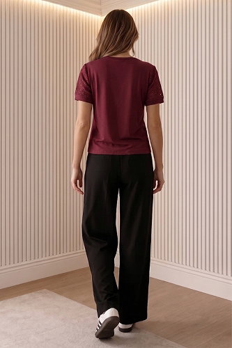 moda selvim Kolu Güpür Detaylı Bluz 62256JNT1202 Bordo - Thumbnail