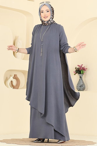 moda selvim Kolye Aksesuarlı Volan Elbise 2884SLK540 Antrasit - Thumbnail