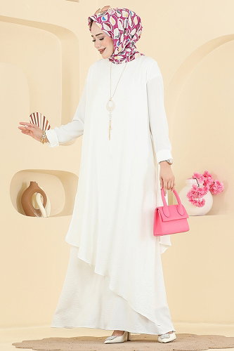 moda selvim Kolye Aksesuarlı Volan Elbise 2884SLK540 Ekru - Thumbnail