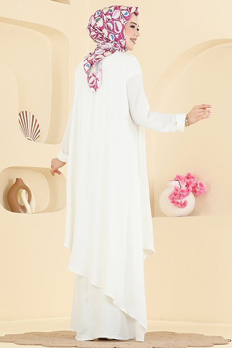 moda selvim Kolye Aksesuarlı Volan Elbise 2884SLK540 Ekru - Thumbnail