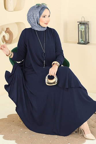 moda selvim Kolye Aksesuarlı Volan Elbise 2884SLK540 Koyu Laci - Thumbnail