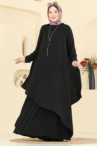 moda selvim Kolye Aksesuarlı Volan Elbise 2884SLK540 Siyah - Thumbnail