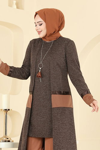 moda selvim Kolye Detaylı İkili Takım 2838ASMK1074 Kahve - Thumbnail