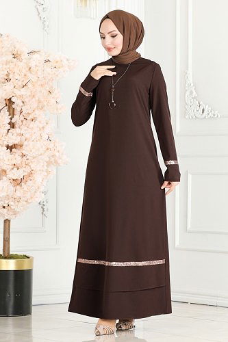 moda selvim Kolyeli Krep Elbise ASM2682 Acı Kahve - Thumbnail
