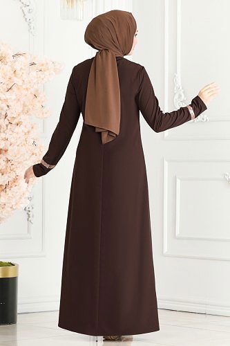 moda selvim Kolyeli Krep Elbise ASM2682 Acı Kahve - Thumbnail
