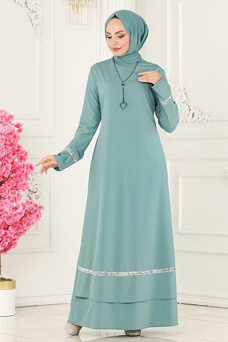 moda selvim Kolyeli Krep Elbise ASM2682 Açık Mint - Thumbnail