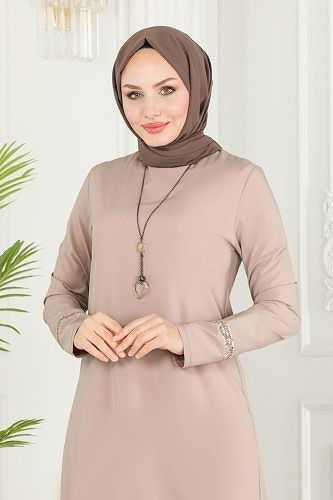 moda selvim Kolyeli Krep Elbise ASM2682 Açık Vizyon - Thumbnail