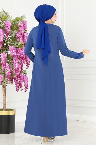 moda selvim Kolyeli Krep Elbise ASM2682 İndigo - Thumbnail