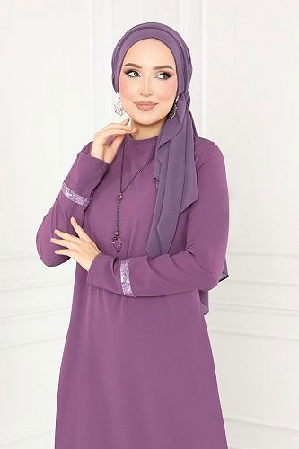 moda selvim Kolyeli Krep Elbise ASM2682 Lila - Thumbnail