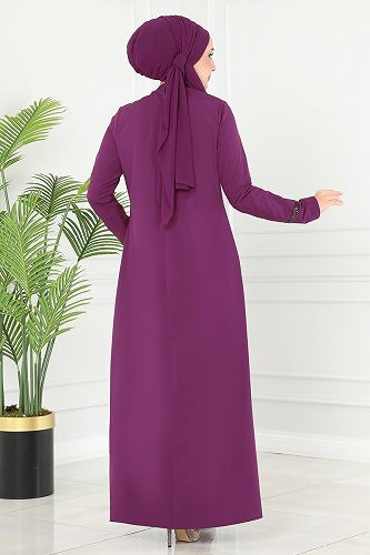 moda selvim Kolyeli Krep Elbise ASM2682 Mürdüm - Thumbnail