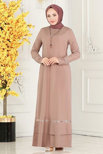 moda selvim Kolyeli Krep Elbise ASM2682 Pudra Vizyon - Thumbnail