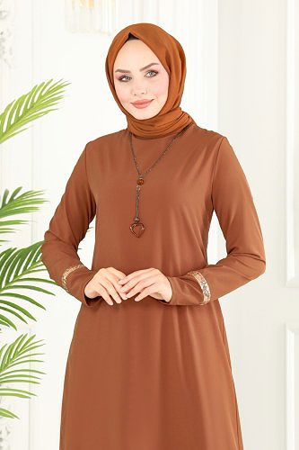 moda selvim Kolyeli Krep Elbise ASM2682 Taba - Thumbnail