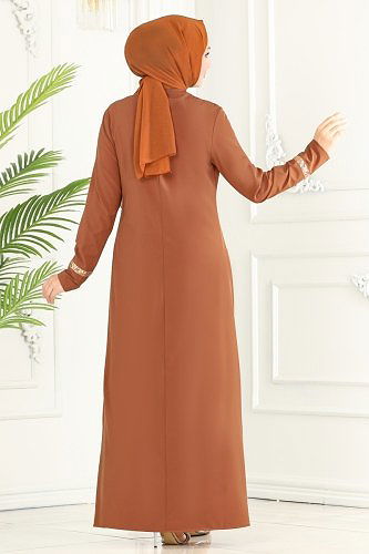 moda selvim Kolyeli Krep Elbise ASM2682 Taba - Thumbnail