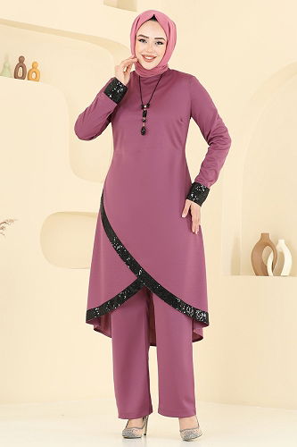 moda selvim Kolyeli Pul Payet Takım 4559ASMK1074 Gül Kurusu - Thumbnail