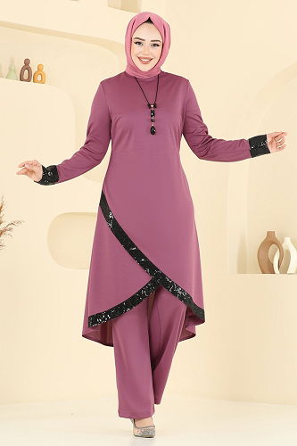 moda selvim Kolyeli Pul Payet Takım 4559ASMK1074 Gül Kurusu - Thumbnail