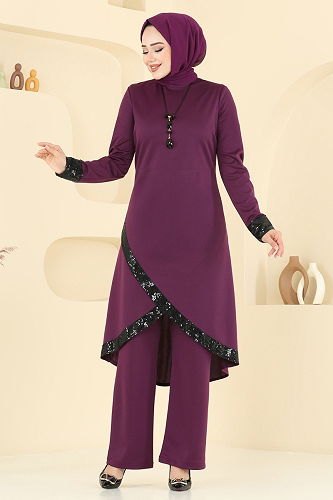 moda selvim Kolyeli Pul Payet Takım 4559ASMK1074 Mürdüm - Thumbnail