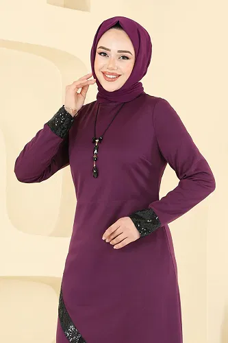 moda selvim Kolyeli Pul Payet Takım 4559ASMK1074 Mürdüm - Thumbnail