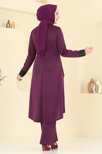 moda selvim Kolyeli Pul Payet Takım 4559ASMK1074 Mürdüm - Thumbnail