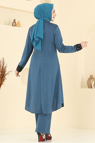 moda selvim Kolyeli Pul Payet Takım 4559ASMK1074 Petrol - Thumbnail