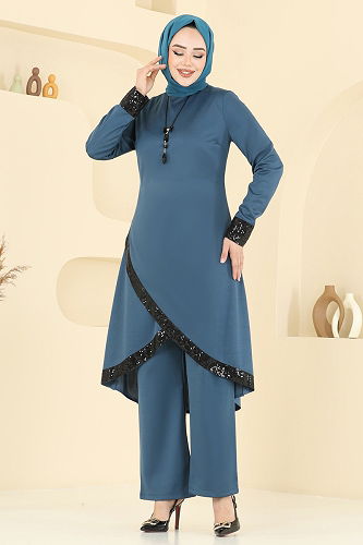 moda selvim Kolyeli Pul Payet Takım 4559ASMK1074 Petrol - Thumbnail