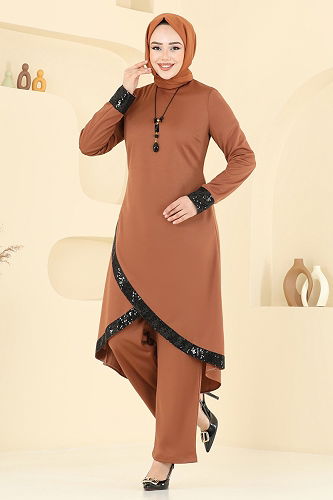 moda selvim Kolyeli Pul Payet Takım 4559ASMK1074 Taba - Thumbnail