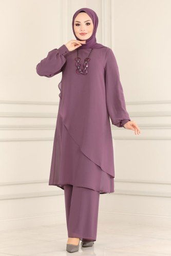 moda selvim Kolyeli Şifon Tesettür Takım 5401AB368 Lila - Thumbnail