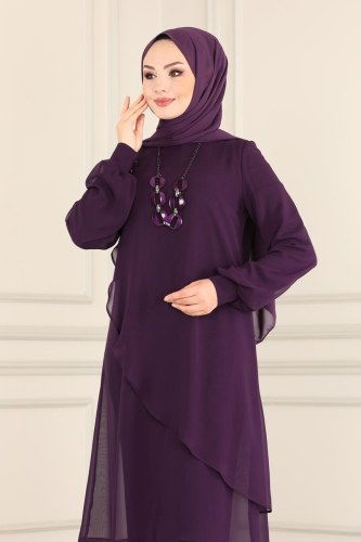 moda selvim Kolyeli Şifon Tesettür Takım 5401AB368 Mürdüm - Thumbnail