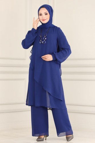 moda selvim Kolyeli Şifon Tesettür Takım 5401AB368 Saks - Thumbnail
