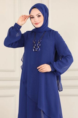 moda selvim Kolyeli Şifon Tesettür Takım 5401AB368 Saks - Thumbnail