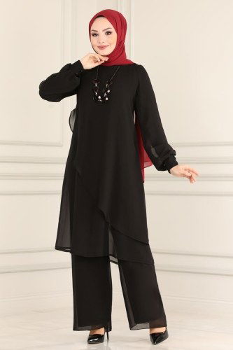 moda selvim Kolyeli Şifon Tesettür Takım 5401AB368 Siyah - Thumbnail