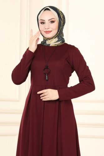 moda selvim Kolyeli Tesettür Elbise 1507UKB139 Bordo - Thumbnail