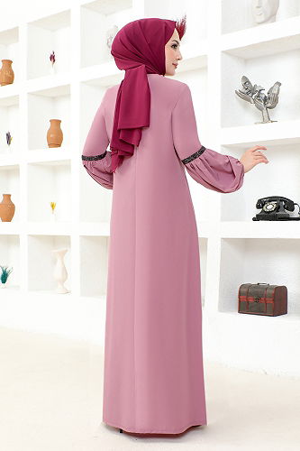 moda selvim Kolyeli Tesettür Elbise ASM2676-M Gül Kurusu - Thumbnail