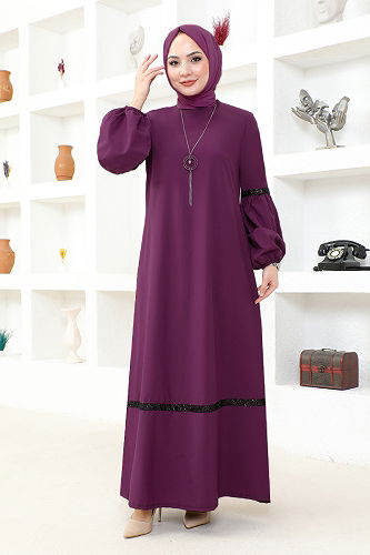 moda selvim Kolyeli Tesettür Elbise ASM2676-M Mürdüm - Thumbnail