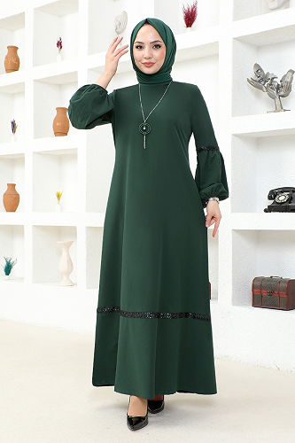 moda selvim Kolyeli Tesettür Elbise ASM2676-M Zümrüt - Thumbnail