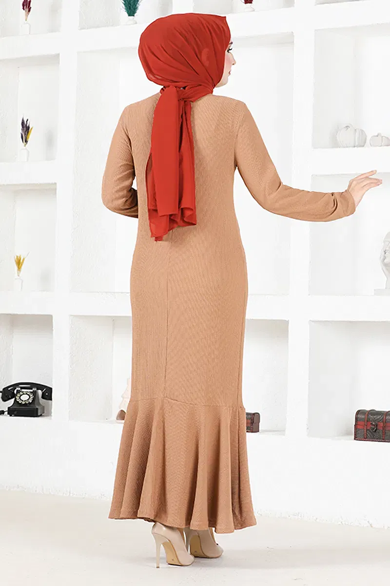 moda selvim Kolyeli Tesettür Elbise MSL5061-M Latte - Thumbnail