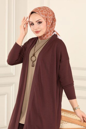 moda selvim Kolyeli Tesettür Üçlü Takım 7008MRT754 Kahve&Vizyon - Thumbnail