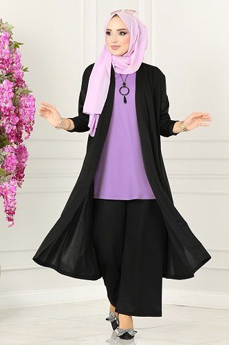 moda selvim Kolyeli Tesettür Üçlü Takım 4002YNS793 Lila&Siyah - Thumbnail