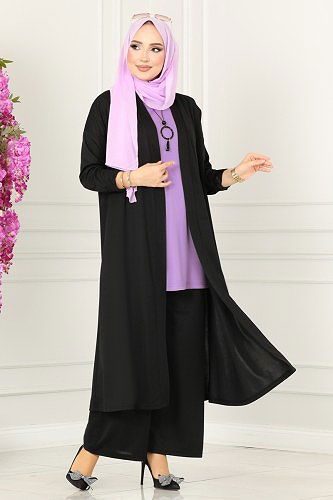 moda selvim Kolyeli Tesettür Üçlü Takım 4002YNS793 Lila&Siyah - Thumbnail