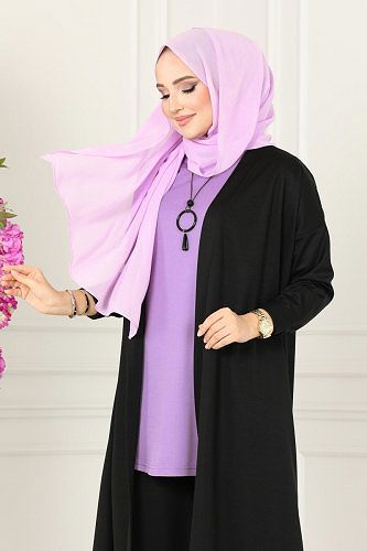 moda selvim Kolyeli Tesettür Üçlü Takım 4002YNS793 Lila&Siyah - Thumbnail
