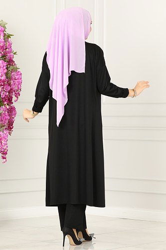 moda selvim Kolyeli Tesettür Üçlü Takım 4002YNS793 Lila&Siyah - Thumbnail