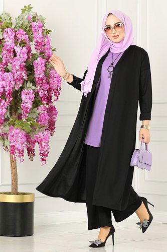moda selvim Kolyeli Tesettür Üçlü Takım 4002YNS793 Lila&Siyah - Thumbnail