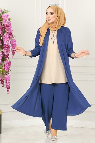 moda selvim Kolyeli Tesettür Üçlü Takım 4002YNS793 Taş&İndigo - Thumbnail