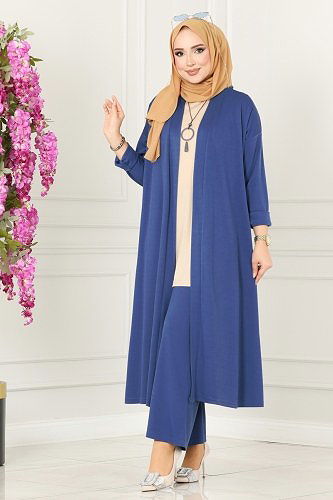 moda selvim Kolyeli Tesettür Üçlü Takım 4002YNS793 Taş&İndigo - Thumbnail