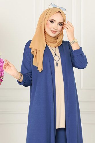 moda selvim Kolyeli Tesettür Üçlü Takım 4002YNS793 Taş&İndigo - Thumbnail