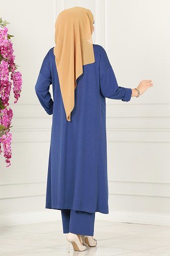 moda selvim Kolyeli Tesettür Üçlü Takım 4002YNS793 Taş&İndigo - Thumbnail